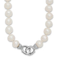 Sterling Silver Rhodium-plated 9-10mm White Near-Round Freshwater Cultured Pearl and CZ Clasp Adjustable 18 inch Necklace, 18 mm