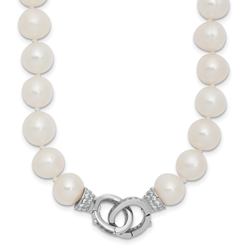 Sterling Silver Rhodium-plated 9-10mm White Near-Round Freshwater Cultured Pearl and CZ Clasp Adjustable 18 inch Necklace, 18 mm