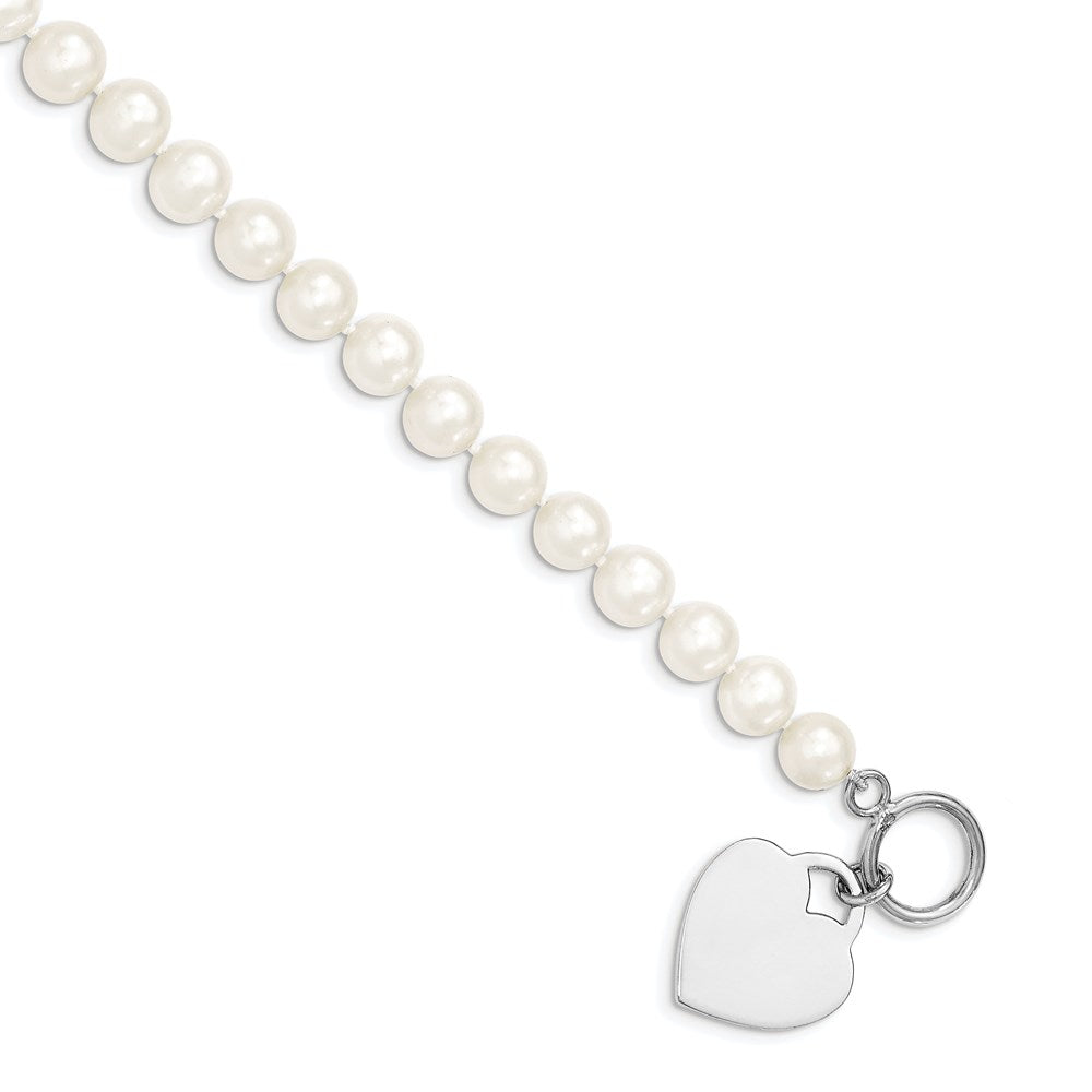 Sterling Silver Rhodium-plated 8-9mm White Near-Round Freshwater Cultured Pearl Heart Toggle 7.5 inch Bracelet, 7.5 x 8.5 mm, 4.91 g