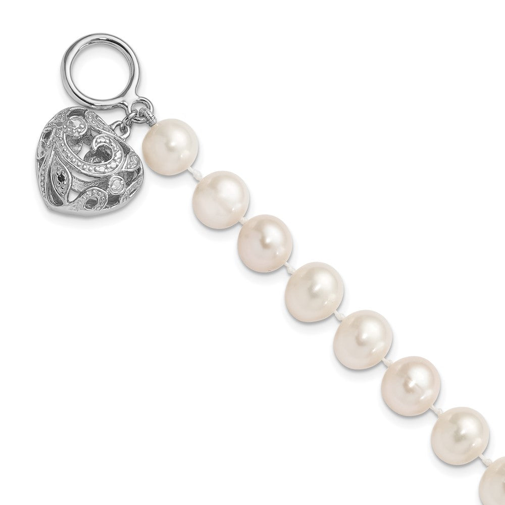 Sterling Silver Rhodium-plated 8-9mm White Near-Round Freshwater Cultured Pearl Heart Toggle 7.5 inch Bracelet, 7.5 x 8.5 mm, 3.38 g