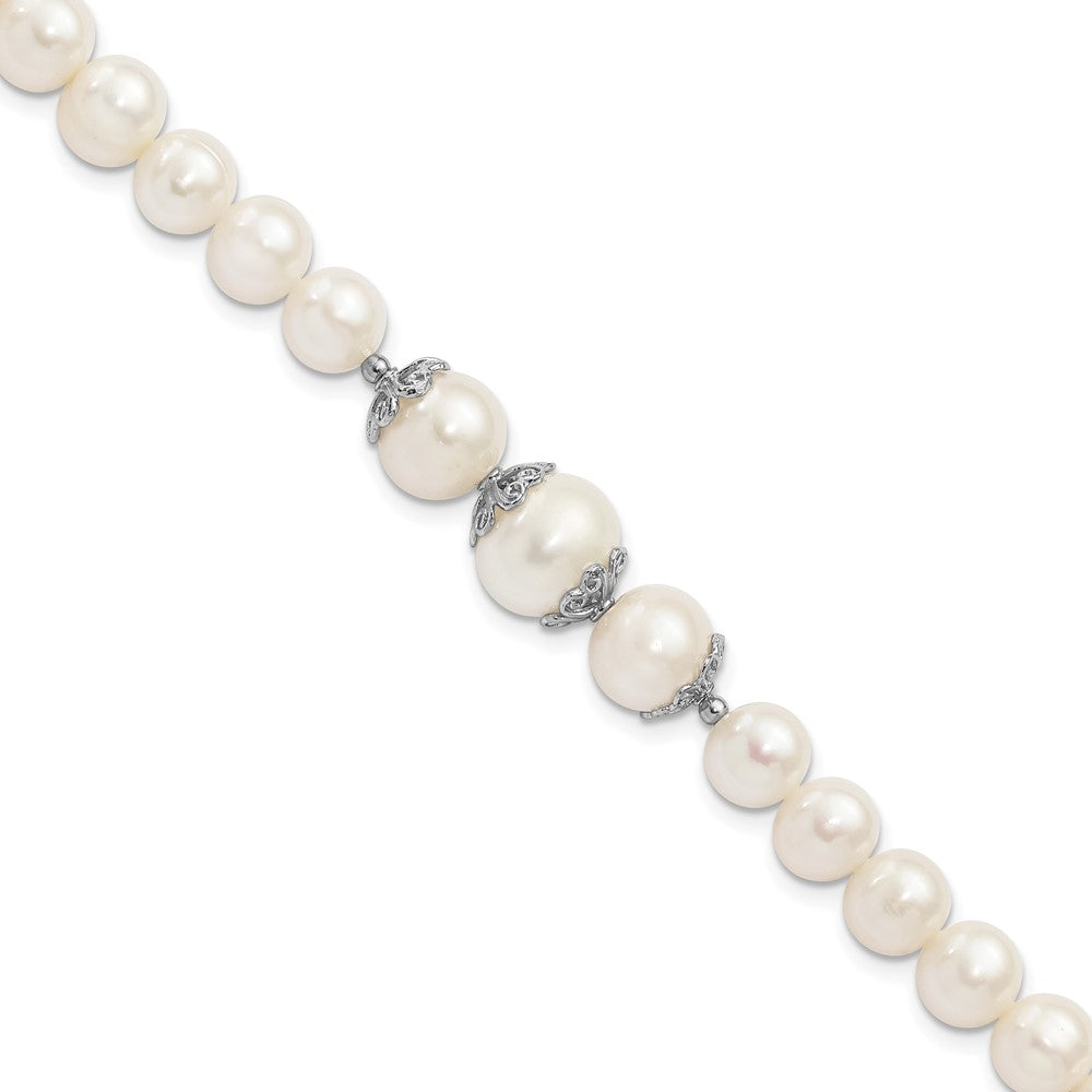Sterling Silver Rhodium-plated 7-10mm White Near-Round Freshwater Cultured Pearl Fancy 7 inch Bracelet, 7 x 10 mm