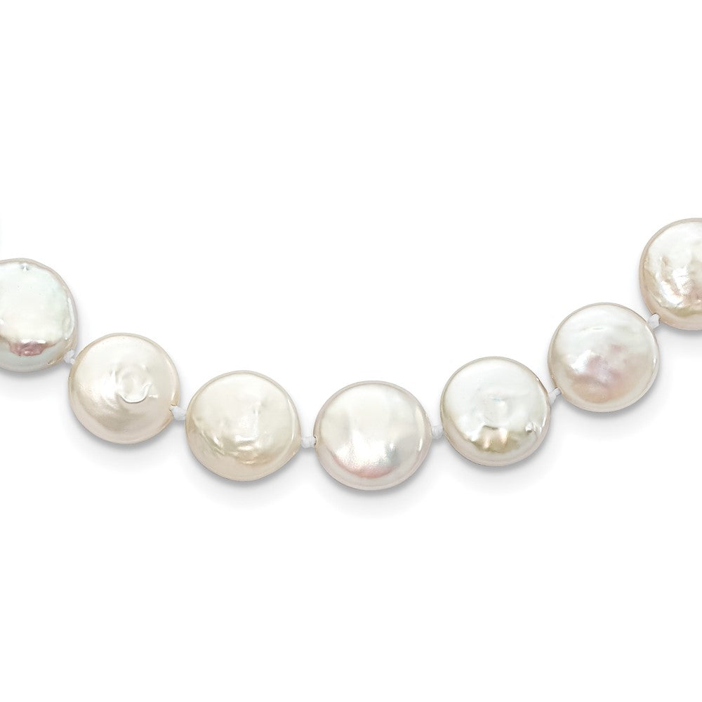 Sterling Silver Rhodium-plated 10-11mm White Coin Freshwater Cultured Pearl 18 inch Necklace, 18 x 12 mm