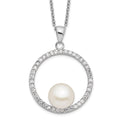 Sterling Silver Rhodium-plated 8-9mm White Button Freshwater Cultured Pearl and CZ 17 inch Necklace, 17 x 22 mm