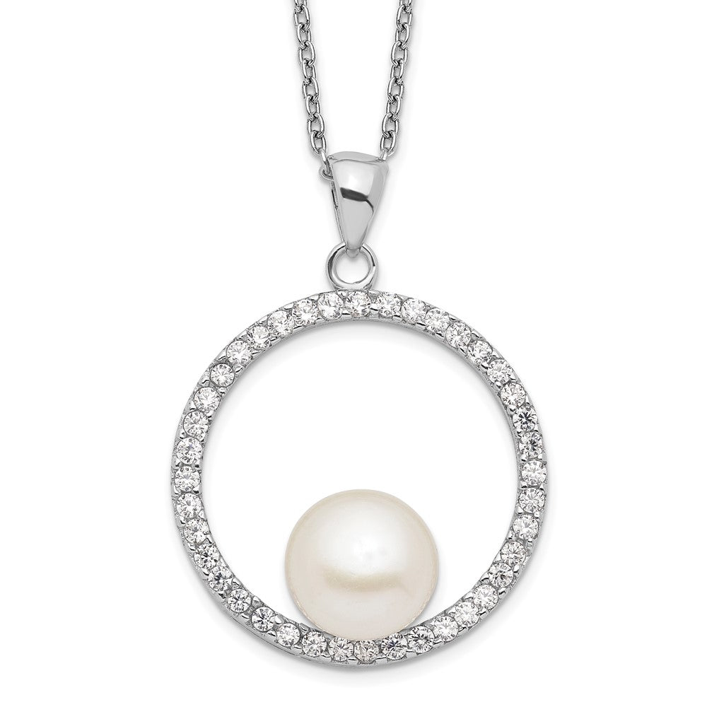 Sterling Silver Rhodium-plated 8-9mm White Button Freshwater Cultured Pearl and CZ 17 inch Necklace, 17 x 22 mm