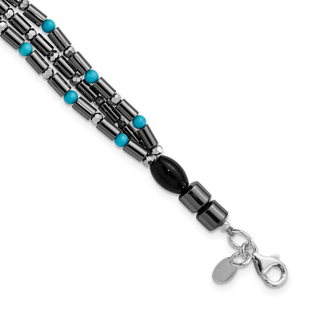 Sterling Silver Agate, Crystal, Hematite and Turquoise Multistrand w/1in ext Bracelet, 8 x 9.5 mm