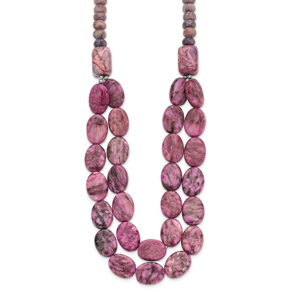 Sterling Silver Charoite, Jade, Pink and Purple Jasper w/2in ext Necklace, 20 x 16 mm
