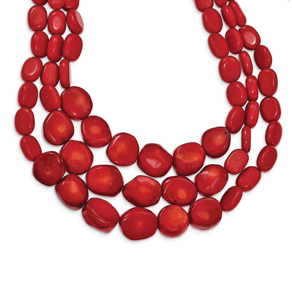 Sterling Silver Triple Strand Red Coral 16 inch Necklace with 2 inch extension, 18 x 16 mm