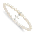Sterling Silver Polished FWC Pearl & Cross Children's Stretch Bracelet, 5 x 17.5 mm