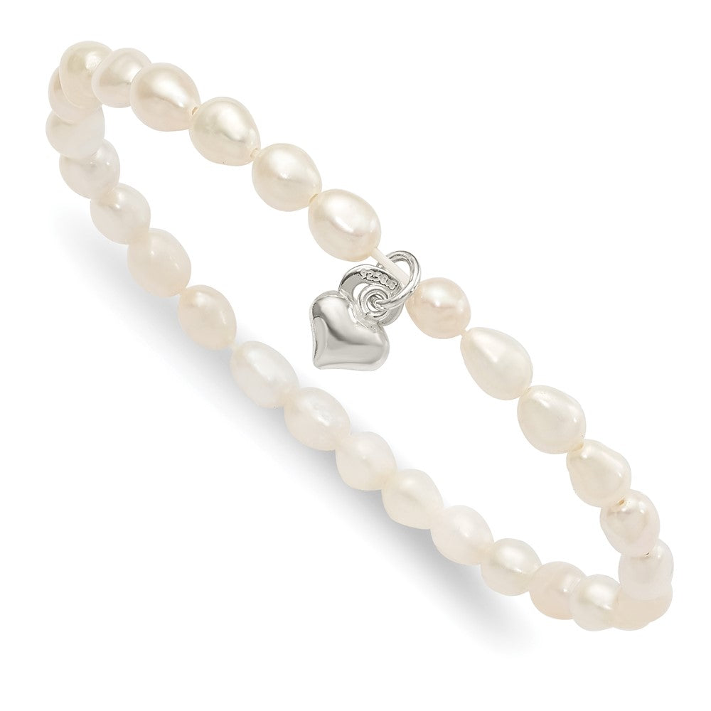 Sterling Silver Polished FWC Pearl & Heart Children's Stretch Bracelet, 5 x 11.5 mm