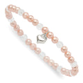 Sterling Silver Pink Shell Bead, Crystal & Heart Children's Stretch Bracele, 6 x 11.5 mm