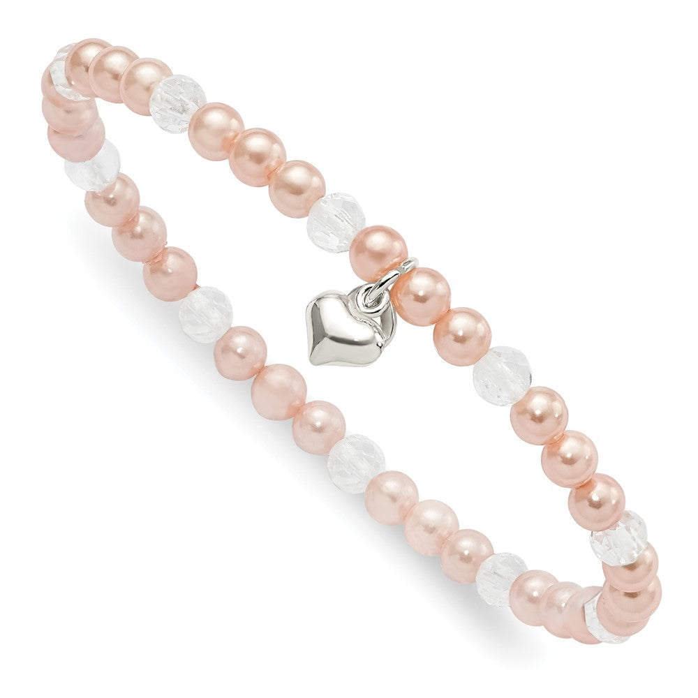 Sterling Silver Pink Shell Bead, Crystal & Heart Children's Stretch Bracele, 6 x 11.5 mm