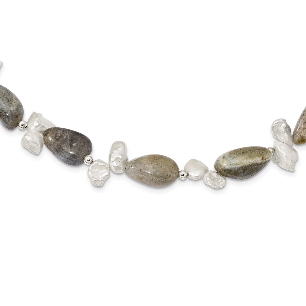 Sterling Silver Labradorite & FWC Keshi Pearl w/2in Ext. Fancy Necklace, 18 x 9 mm