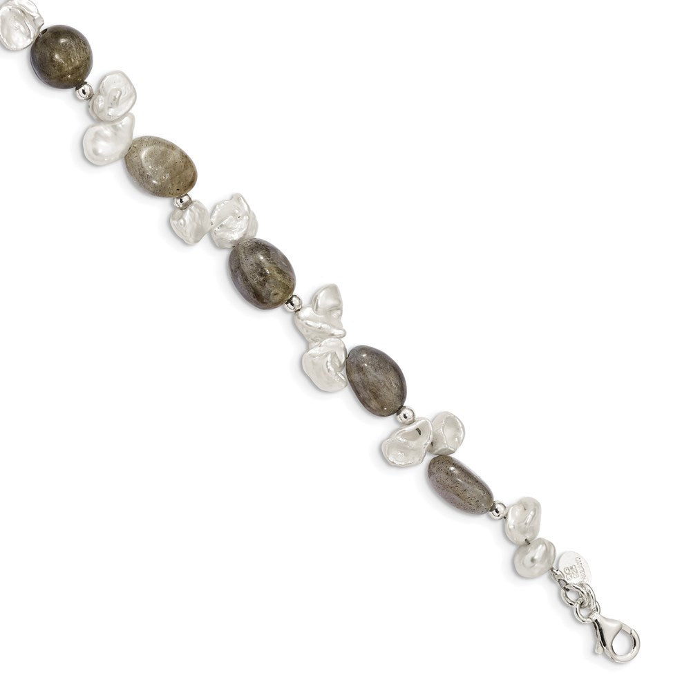 Sterling Silver Labradorite & FWC Keshi Pearl w/1in Ext. Fancy Bracelet, 7 mm