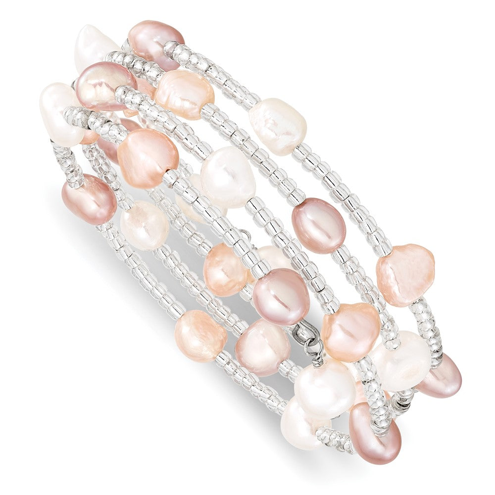 6-7mm Multicolored Baroque Freshwater Cultured Pearl and Glass Beaded Wrap Bracelet, 22.5 mm