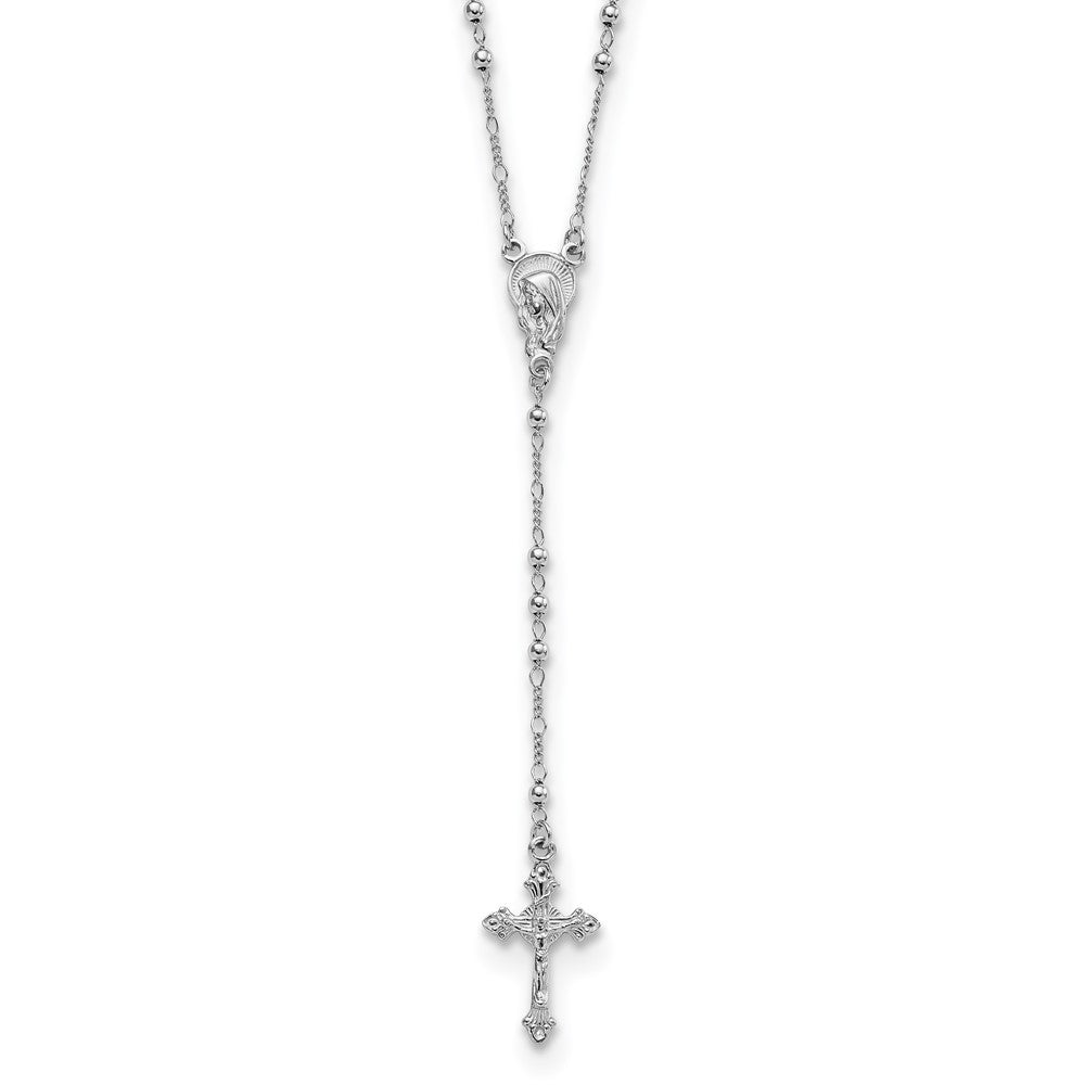 Sterling Silver Rhodium Plated Polished Beaded Rosary, 24 x 14.6 mm