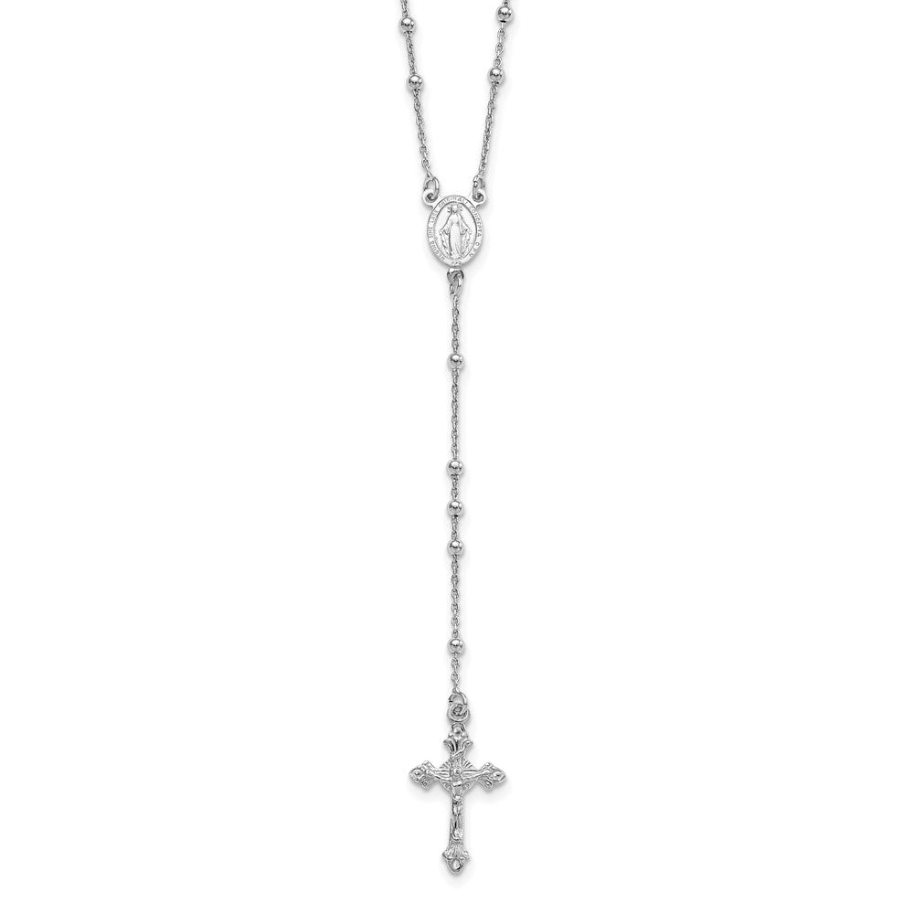 Sterling Silver Rhodium-plated Polished Beaded Rosary 24 inch Necklace, 24 x 16.5 mm