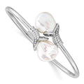 Sterling Silver Rhodium-plated 16-17mm White Keshi Freshwater Cultured Pearl and CZ Flexible Bangle, 23.05 mm