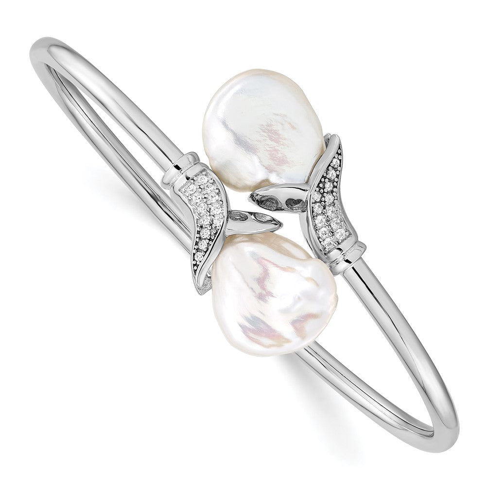 Sterling Silver Rhodium-plated 16-17mm White Keshi Freshwater Cultured Pearl and CZ Flexible Bangle, 23.05 mm