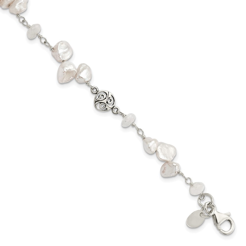 Sterling Silver FWC Keshi Pearl w/Moonstone 1in Ext. Fancy Bracelet, 8.5 x 15.91 mm