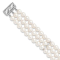 Sterling Silver Rhodium-plated 6-7mm White Near-Round Freshwater Cultured Pearl 3-Strand 7.5 inch Bracelet, 7.5 x 16.8 mm