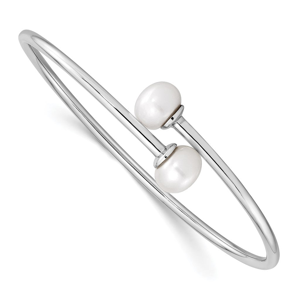 Sterling Silver Rhodium-plated 9-10mm White Freshwater Cultured Pearl Flexible Cuff Bangle, 7 x 3 mm