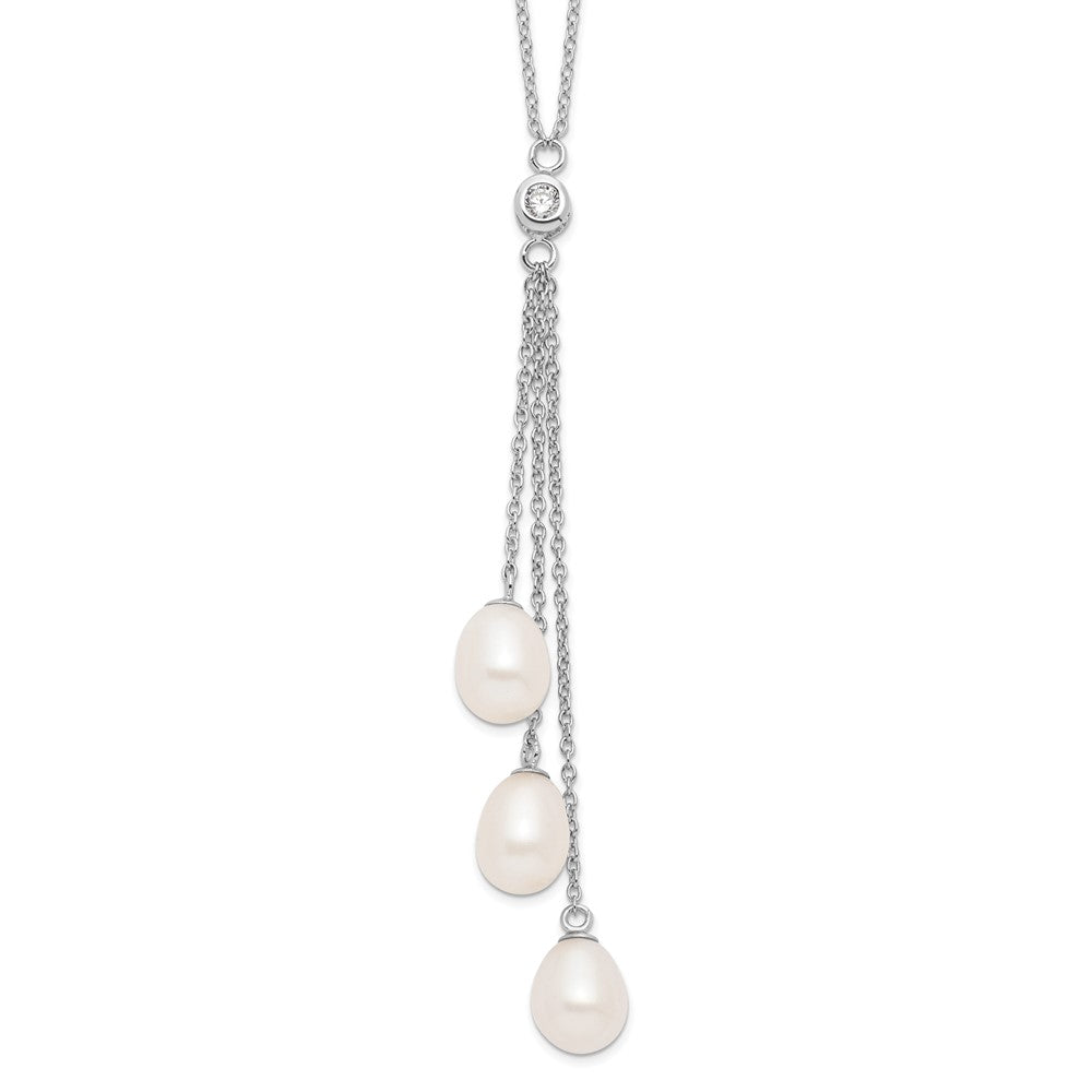 Sterling Silver Rhodium-plated 7-8mm White Teardrop Freshwater Cultured Pearl and CZ Drop 18 inch Necklace, 18 x 0.7 mm