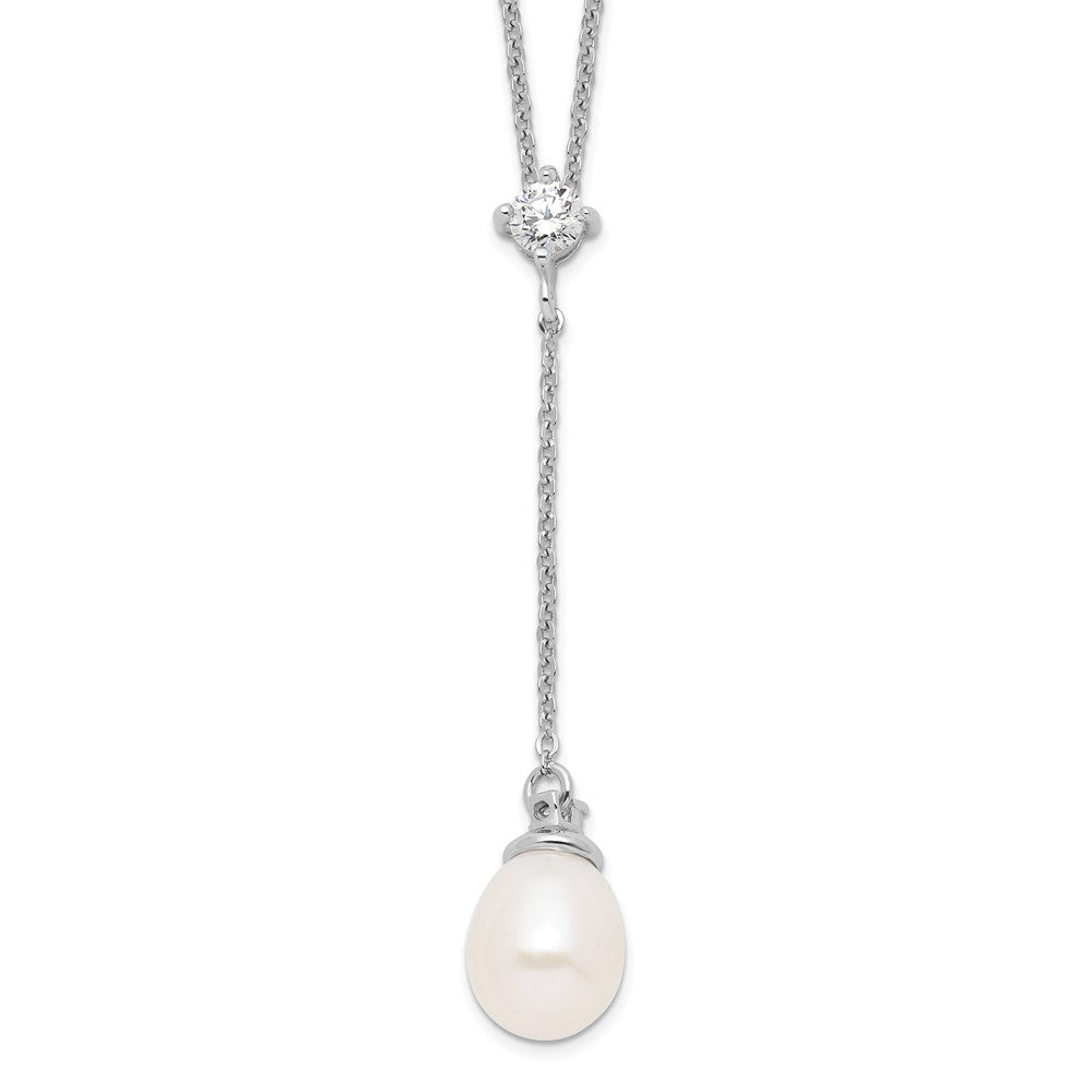 Sterling Silver Rhodium-plated 8-9mm White Teardrop Freshwater Cultured Pearl and CZ Drop 18 inch Necklace, 18 x 9 mm