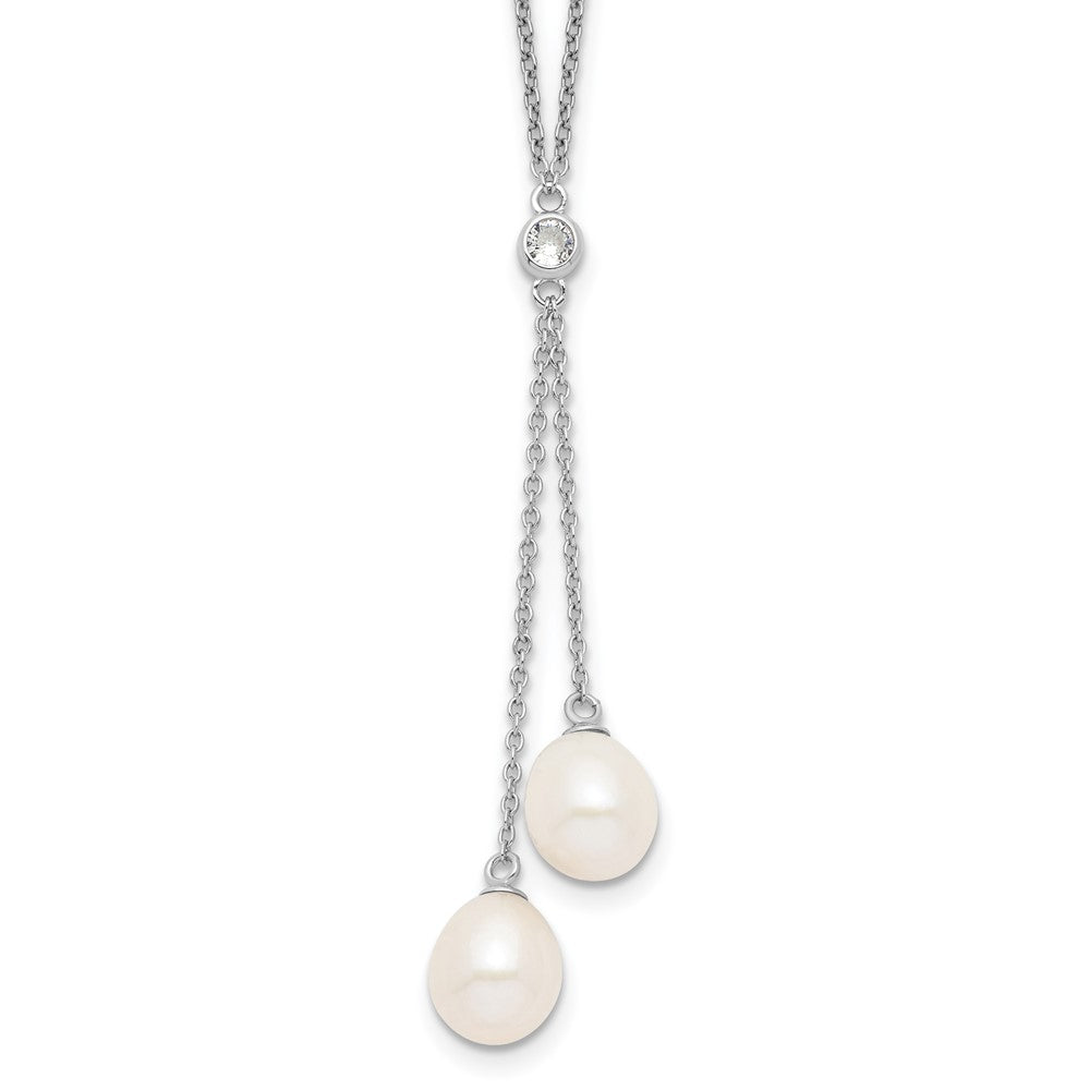Sterling Silver Rhodium-plated 8-9mm White Rice Freshwater Cultured Pearl and CZ Dangle 18 inch Necklace, 18 x 0.7 mm