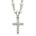 Sterling Silver Rhodium-plated 4-5mm White Near-Round Freshwater Cultured Pearl and CZ Cross 21 inch Necklace, 18 x 4 mm