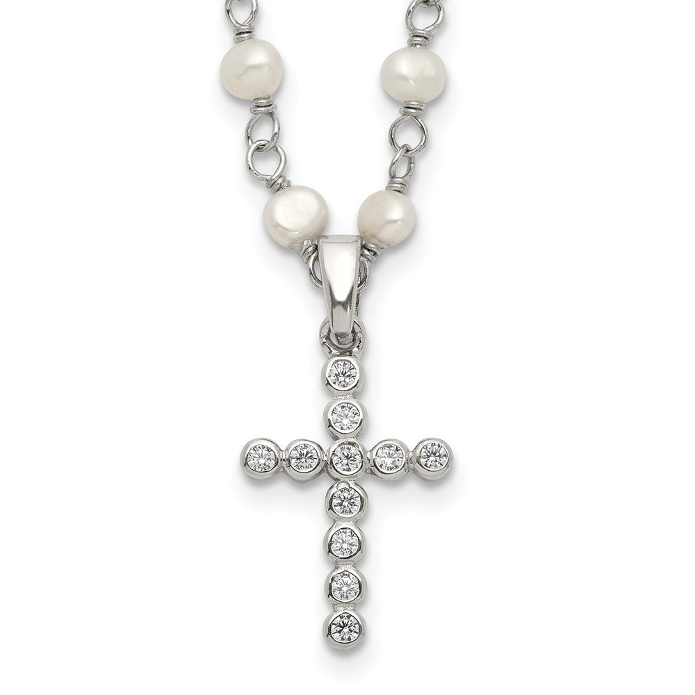 Sterling Silver Rhodium-plated 4-5mm White Near-Round Freshwater Cultured Pearl and CZ Cross 21 inch Necklace, 18 x 4 mm