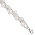 Sterling Silver Rhodium-plated 7-9mm White Semi-Round Freshwater Cultured Pearl and Glass Beaded Multi-strand 7.5 inch Bracelet, 7.5 mm