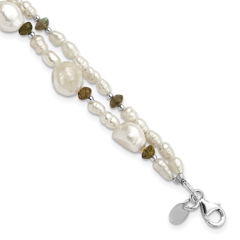 Sterling Silver Labradorite & Freshwater Cultured Pearl 2-Strand w/1in ext. Bracelet, 8 x 12.1 mm