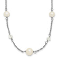 Sterling Silver Rhodium-plated 6-10mm White Near-Round Freshwater Cultured Pearl and Glass 5-Station 17.5 inch with 2.5 inch Extension Necklace, 20 x 10 mm