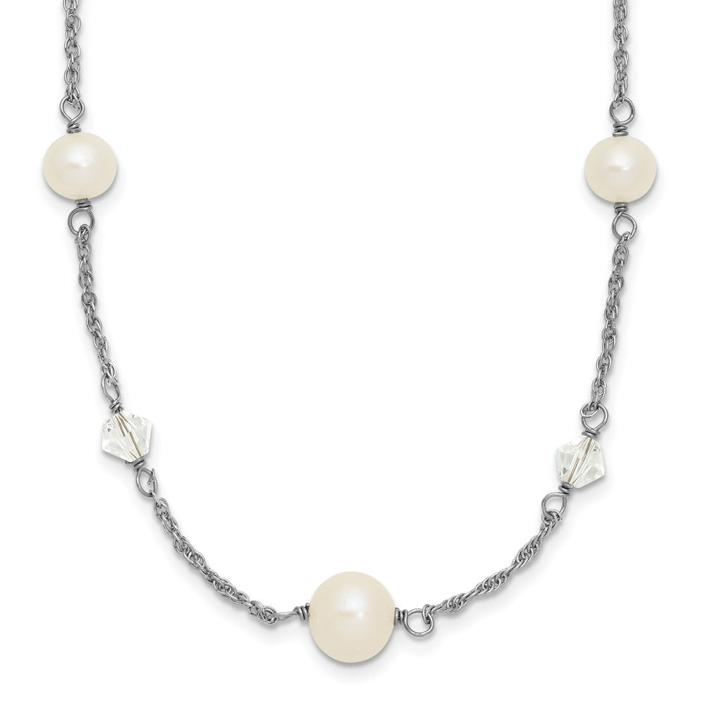 Sterling Silver Rhodium-plated 6-10mm White Near-Round Freshwater Cultured Pearl and Glass 5-Station 17.5 inch with 2.5 inch Extension Necklace, 20 x 10 mm