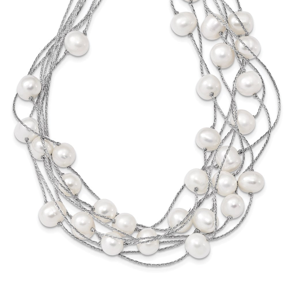 Sterling Silver Rhodium-plated 8-10mm White Semi-Round Freshwater Cultured Pearl Multi Strand 18 inch Necklace, 18 mm