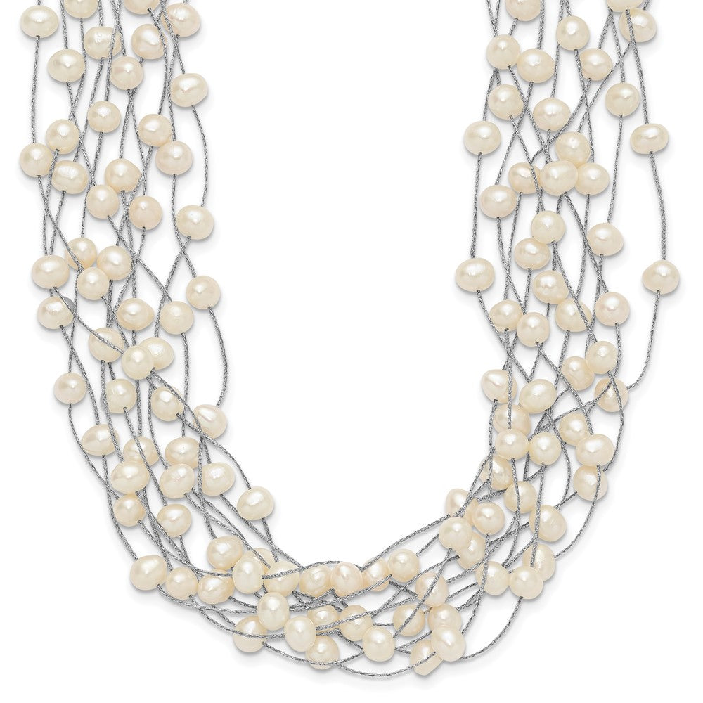 Sterling Silver Rhodium-plated 6-8mm White Semi-Round Freshwater Cultured Pearl Multi Strand 15 inch Necklace, 15 mm