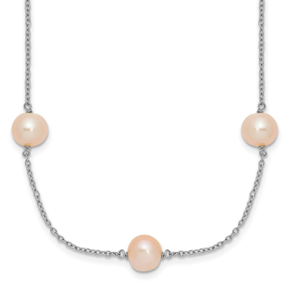 Sterling Silver Rhodium-plated 7-8mm Pink Semi-Round Freshwater Cultured Pearl 9-Station 18 inch Necklace, 18 x 7.4 mm