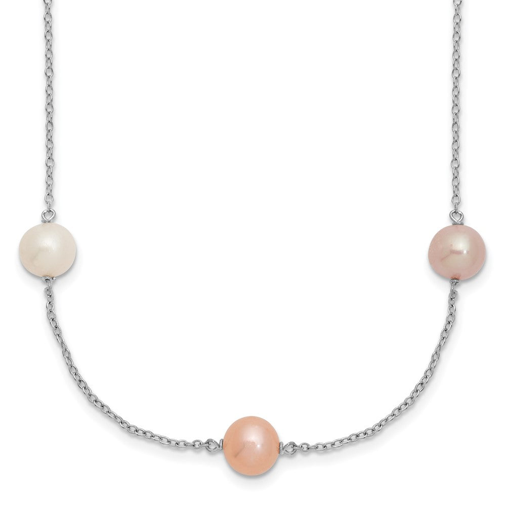 Sterling Silver Rhodium-plated 7-8mm White, Pink and Purple Near-Round Freshwater Cultured Pearl 9-Station 18 inch Necklace, 18 x 8 mm