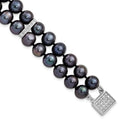 Sterling Silver Rhodium-plated 7-8mm Black Near-Round Freshwater Cultured Pearl and CZ 2-strand 7.5 inch Bracelet, 7.5 mm