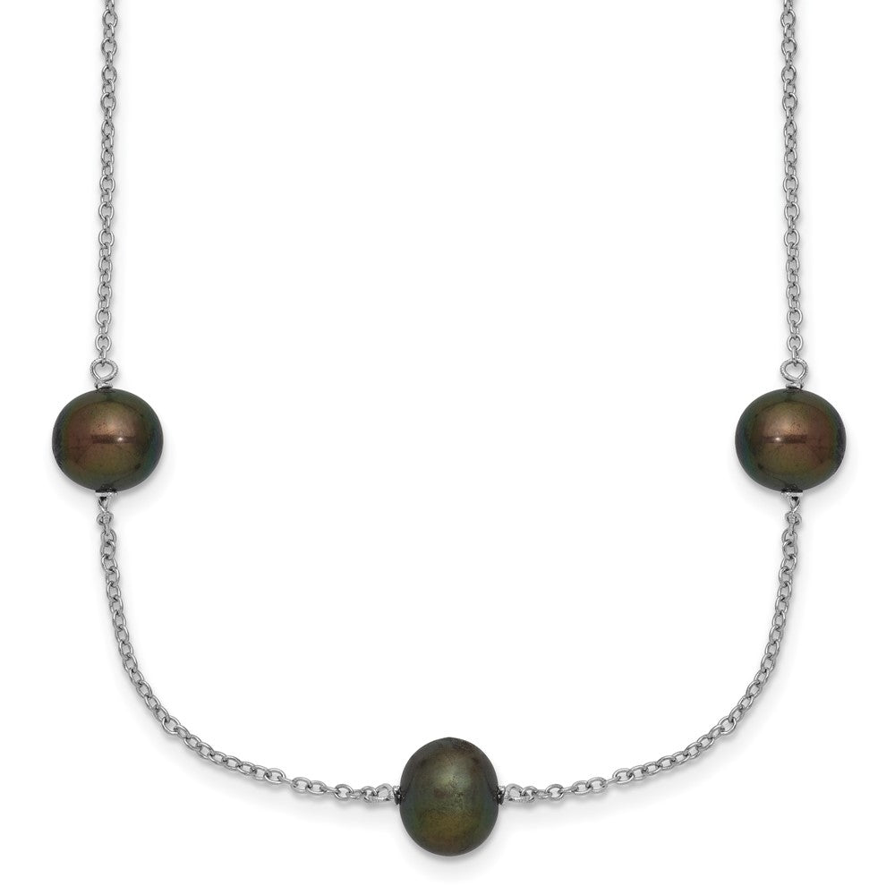 Sterling Silver Rhodium-plated 7-8mm Black Semi-Round Freshwater Cultured Pearl 9-Station 18 inch Necklace, 18 x 7.25 mm