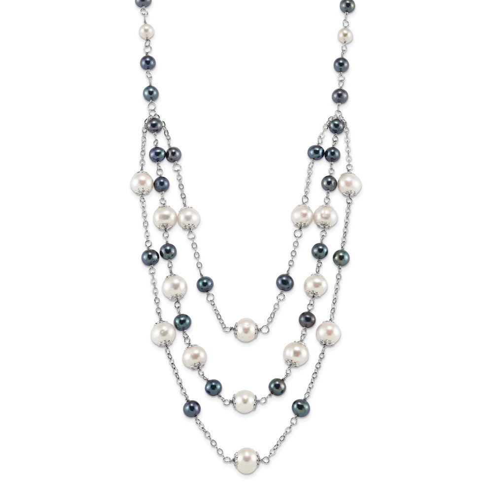 Sterling Silver Rhodium-plated 6-10mm White and Black Freshwater Cultured Pearl Layered 17 inch with 2 inch Extension Necklace, 19 x 9 mm