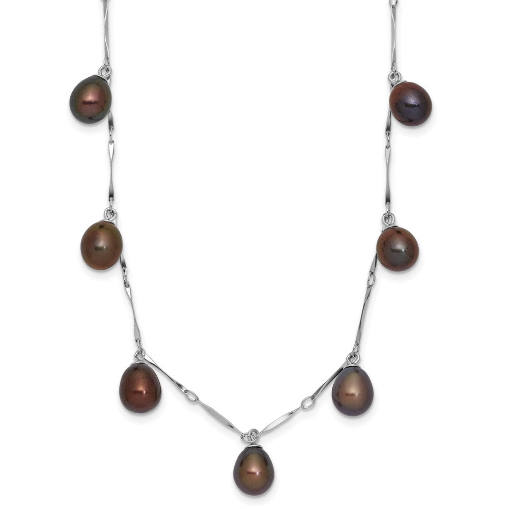 Sterling Silver Rhodium-plated 7-8mm Black Teardrop Freshwater Cultured Pearl Dangle 7-Station 17.5 inch Necklace, 17.5 mm