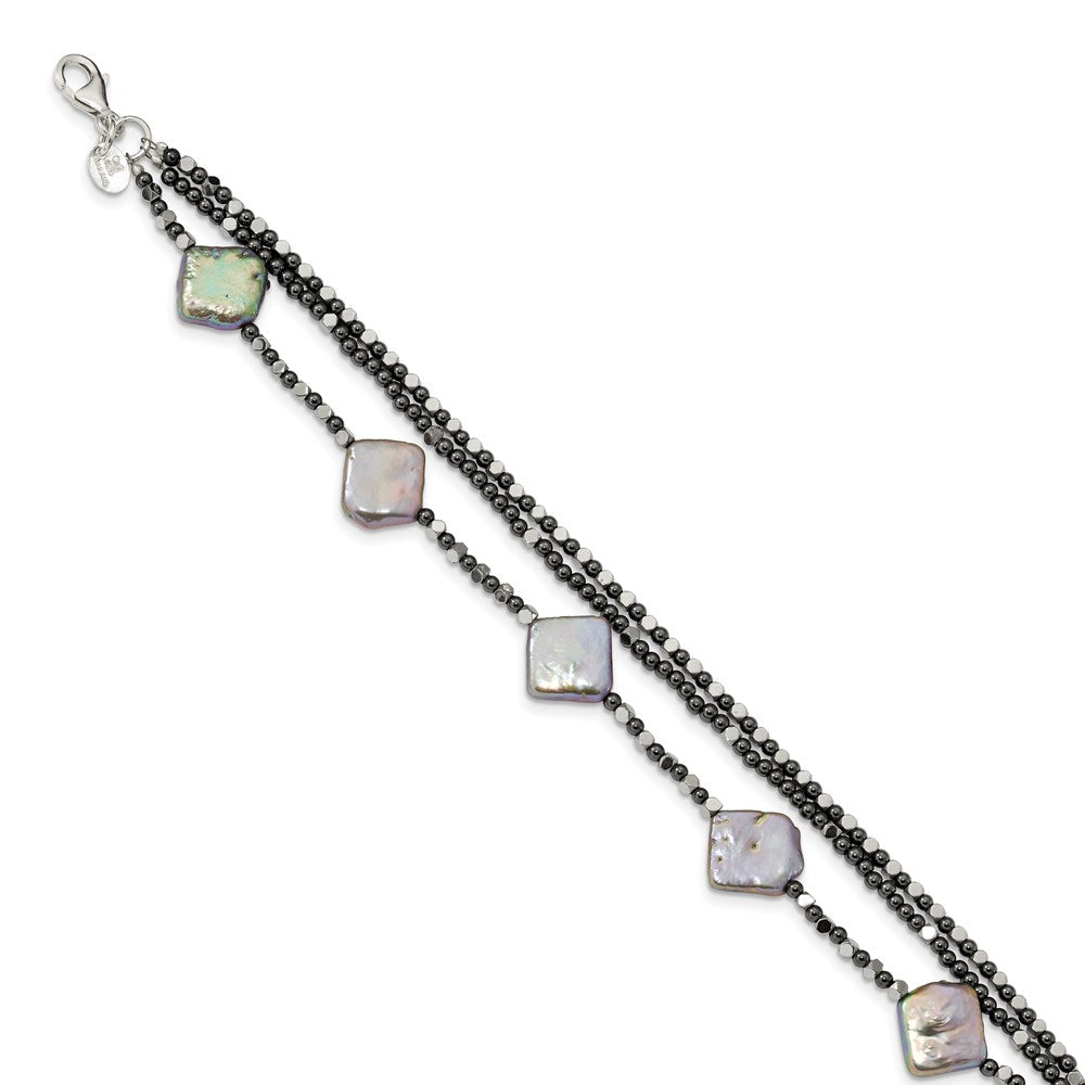 Sterling Silver Hematite & FW Cult. Pearl 3-Strand w1in Ext. Fancy Bracelet, 8 x 2.4 mm