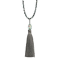 SS Green Glass/Hematite/Grey Quartz w/Nylon Tassel Drop Necklace, 34.5 x 3.5 mm
