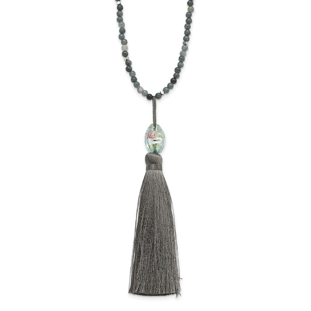 SS Green Glass/Hematite/Grey Quartz w/Nylon Tassel Drop Necklace, 34.5 x 3.5 mm