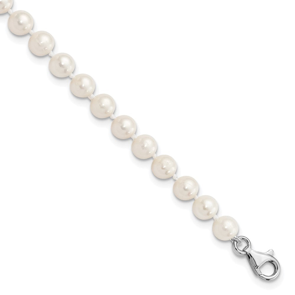 Sterling Silver Rhodium-plated 6-7mm White Near-Round Freshwater Cultured Pearl 8.5 inch with 2 inch Extension Anklet, 10.5 mm