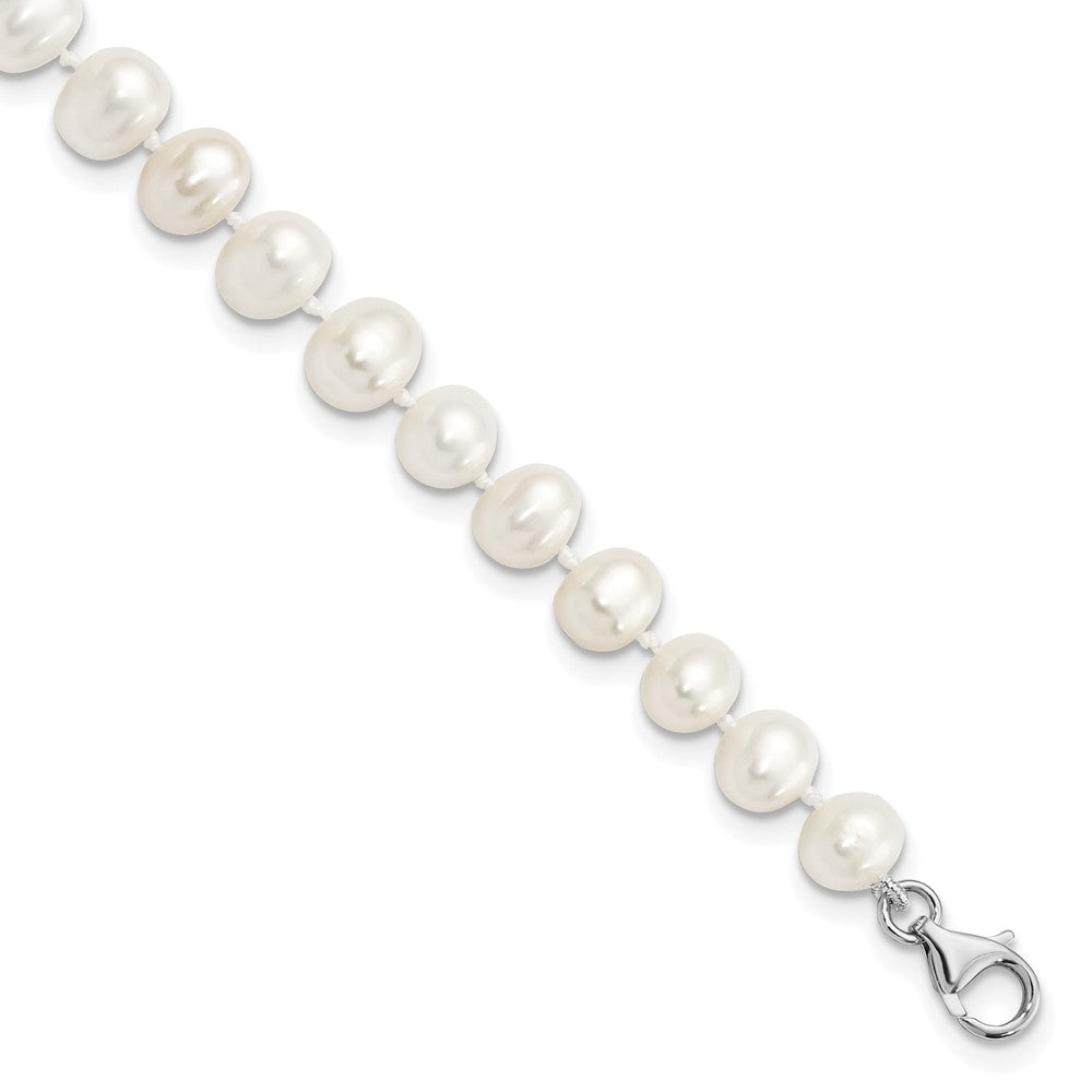 Sterling Silver Rhodium-plated 7-8mm White Near-Round Freshwater Cultured Pearl and CZ 8.5 with 2 inch Extension Anklet, 10.5 mm