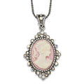Sterling Silver Antiqued Pink Resin Cameo w/Crystal Necklace, 16 x 21 mm