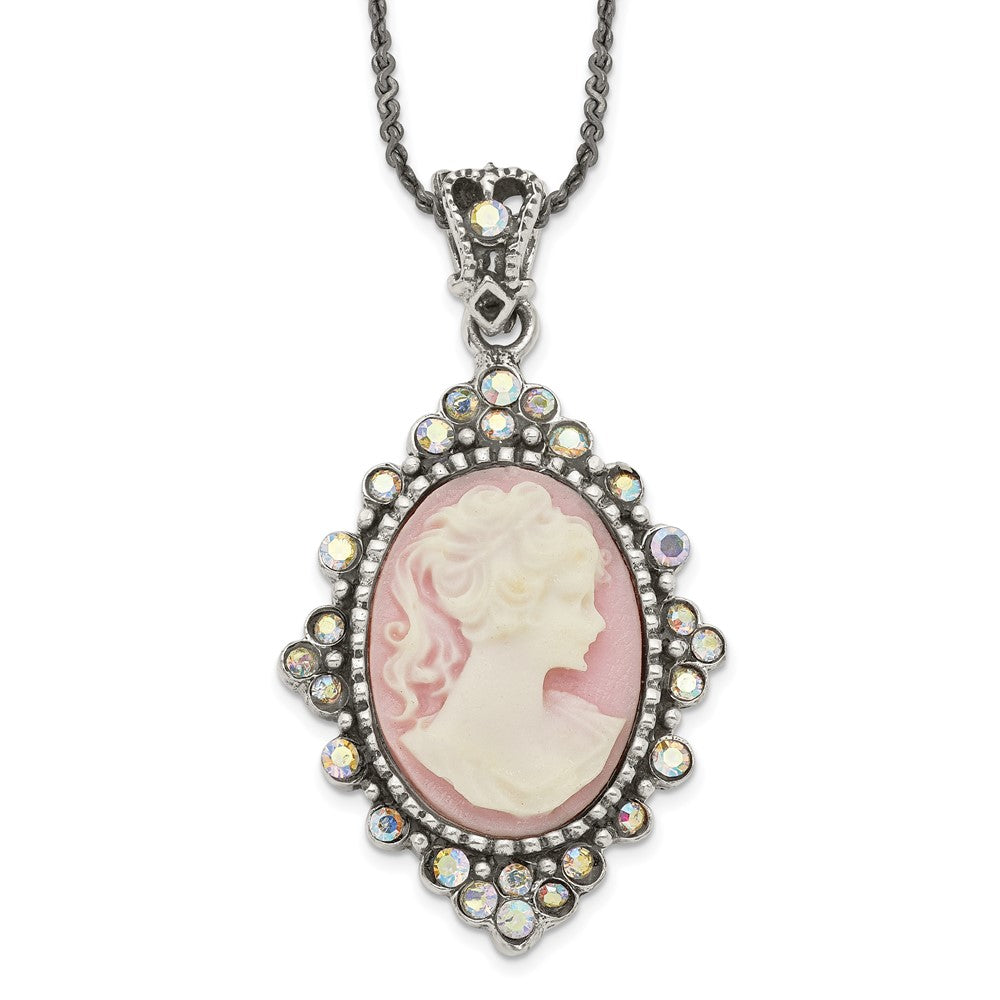Sterling Silver Antiqued Pink Resin Cameo w/Crystal Necklace, 16 x 21 mm