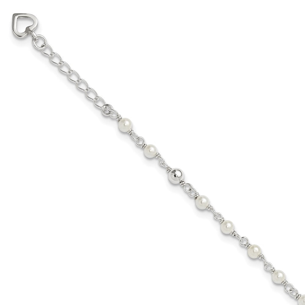 Sterling Silver Freshwater Cultured Pearl and Heart 9 inch Plus 1 inch Extender  - Total 10 inch Anklet, 10 x 3 mm